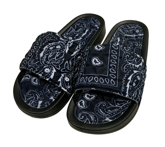Black Bandana Slides - Comfy Paisley Print Slip-On Sandals