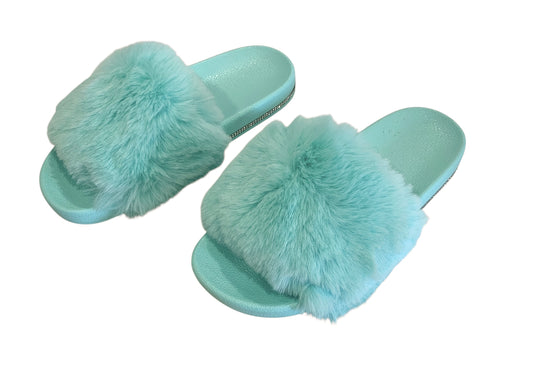 Turquoise Faux Fur Slides with Rhinestones - Open Toe Slip-On Comfy Slippers