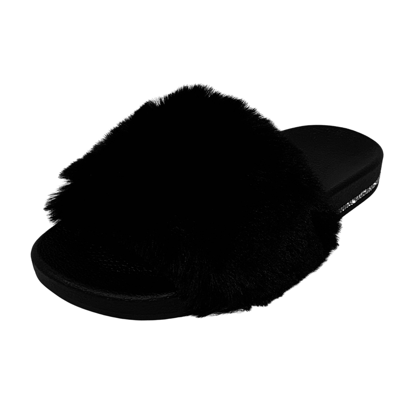 Plush Thick Faux Fur Crystal Slides Rhinestone Slippers Open Toe Slip Ons