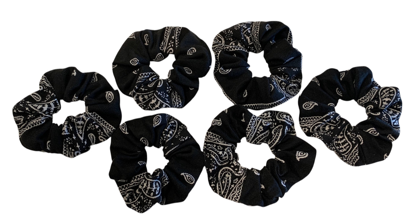 Bandana Scrunchies Cotton Paisley Hair Ties Black 6 Pack