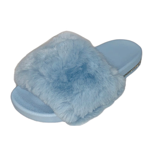 Plush Thick Faux Fur Crystal Slides Rhinestone Slippers Open Toe Slip Ons