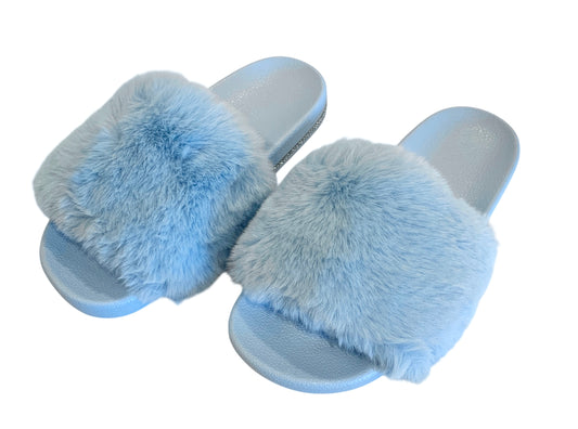Blue Faux Fur Slides with Rhinestones - Open Toe Slip-On Comfy Slippers