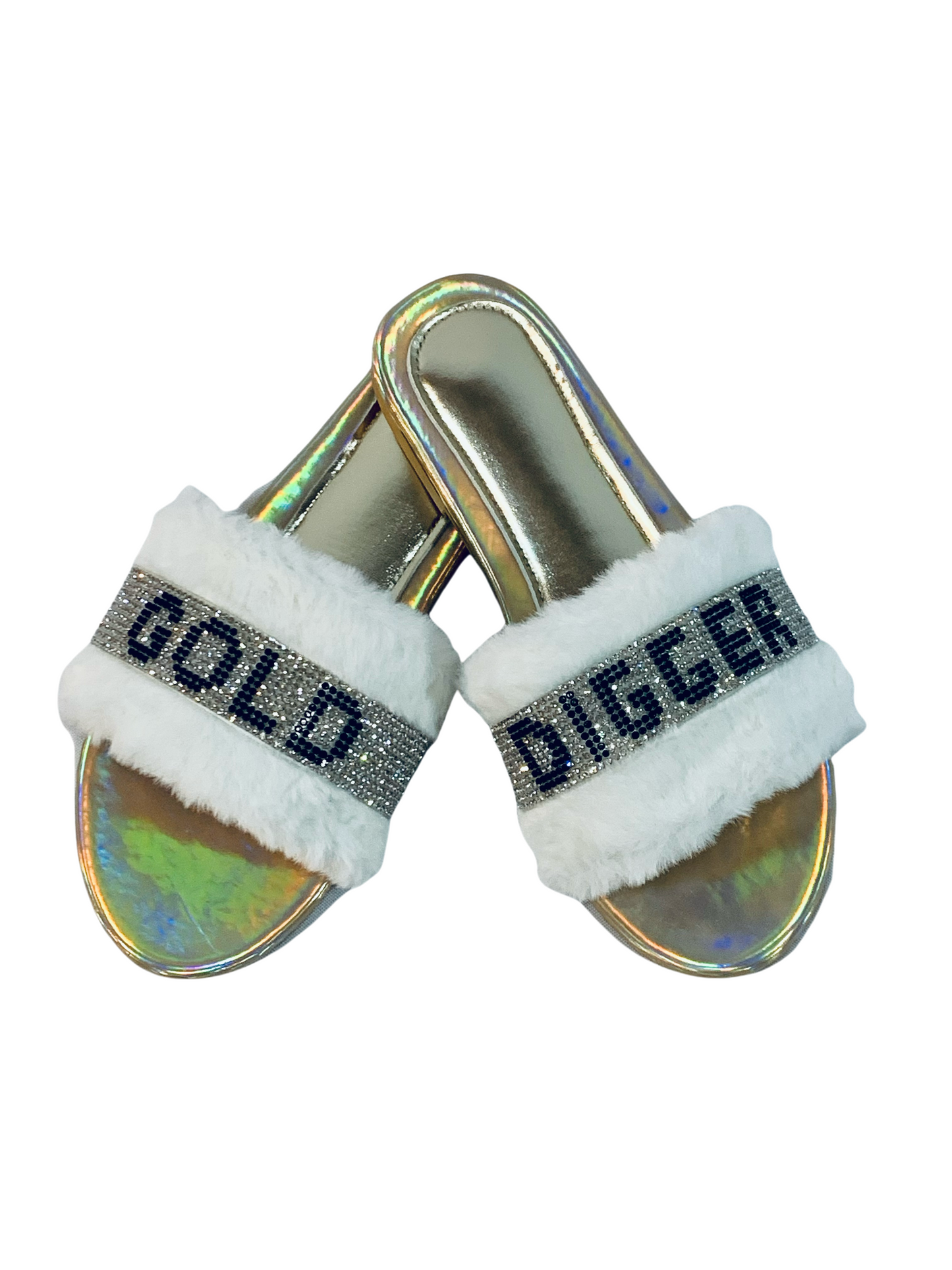 Faux Fur Crystal Slides Gold Digger Slides Rhinestone Slippers Open Toe Slip Ons