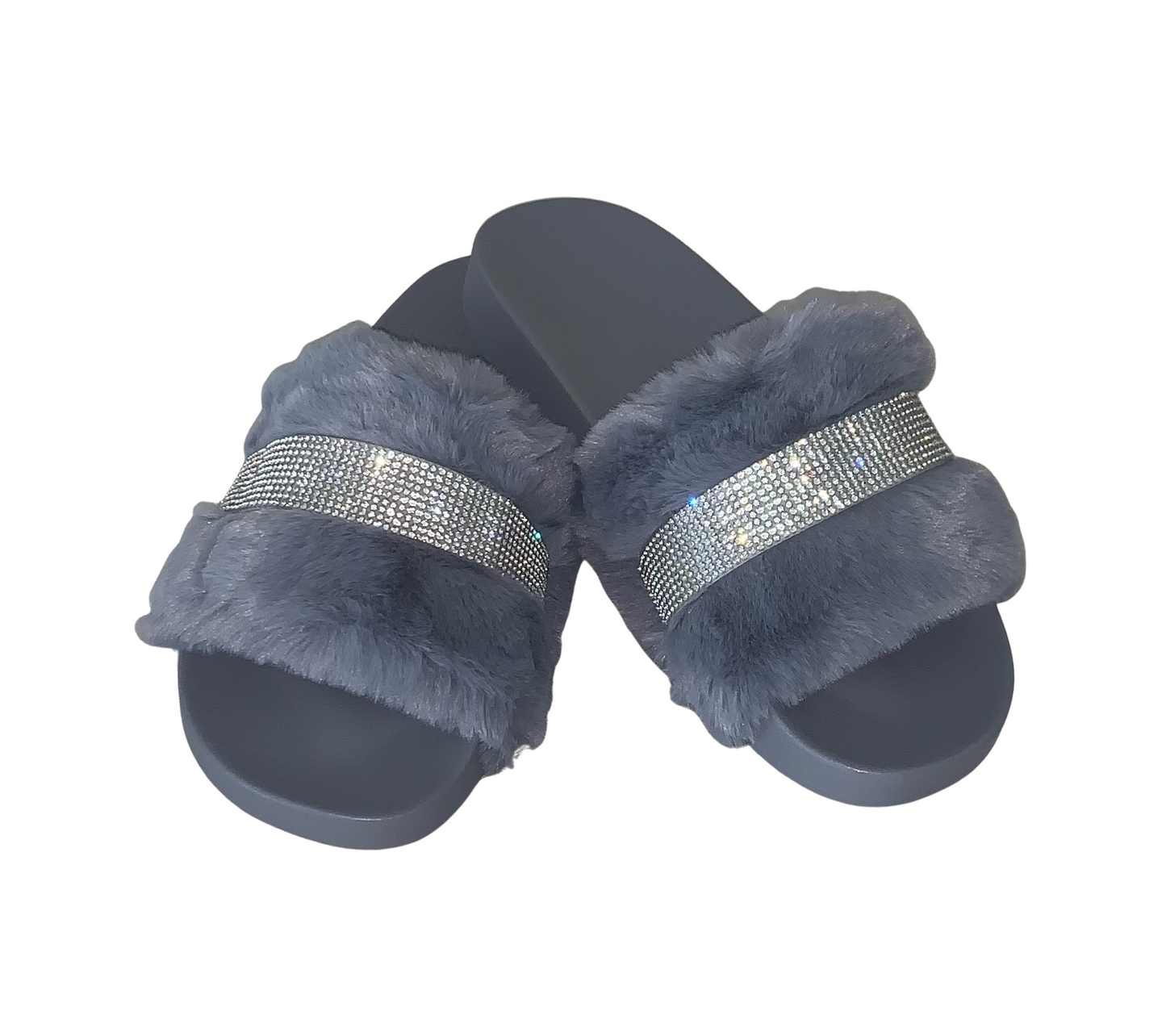 Plush Faux Fur Crystal Slides Rhinestone Slippers Open Toe Slip Ons