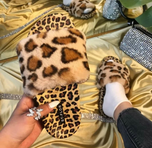 Faux Fur Slides Animal Print Slippers Multi Colored Slippers Cheetah Slides