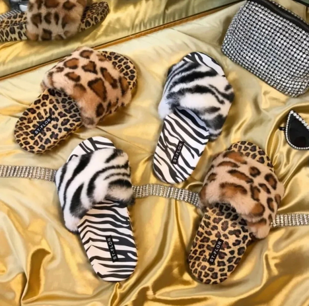 Faux Fur Slides Animal Print Slippers Multi Colored Slippers Tiger Slides