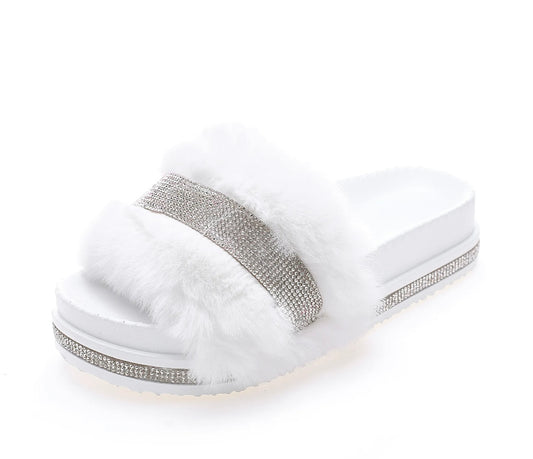 Faux Fur Crystal Wedges Plush Fur Slippers Open Toe Slip On