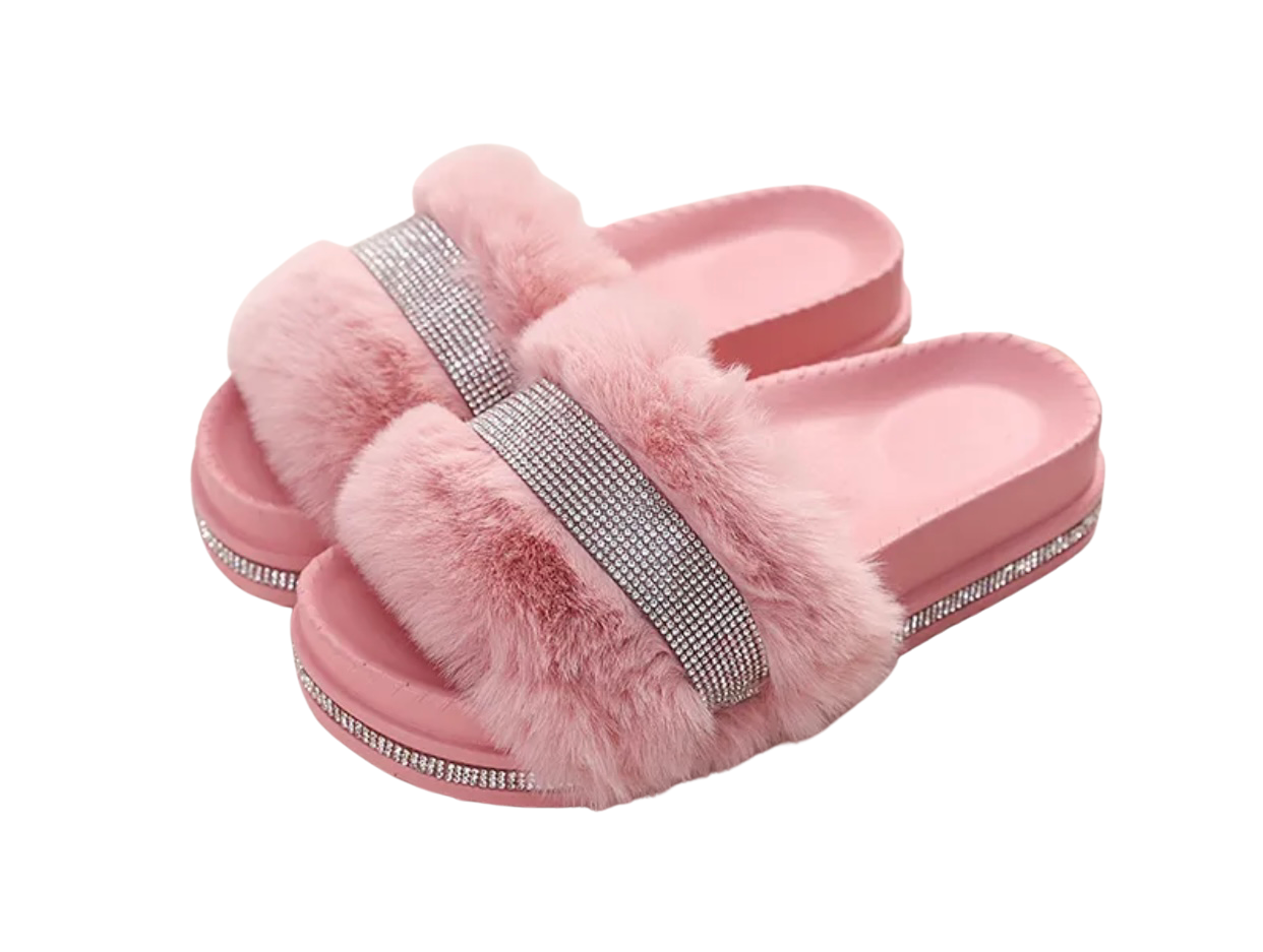 Faux Fur Crystal Wedges Plush Fur Slippers Open Toe Slip On