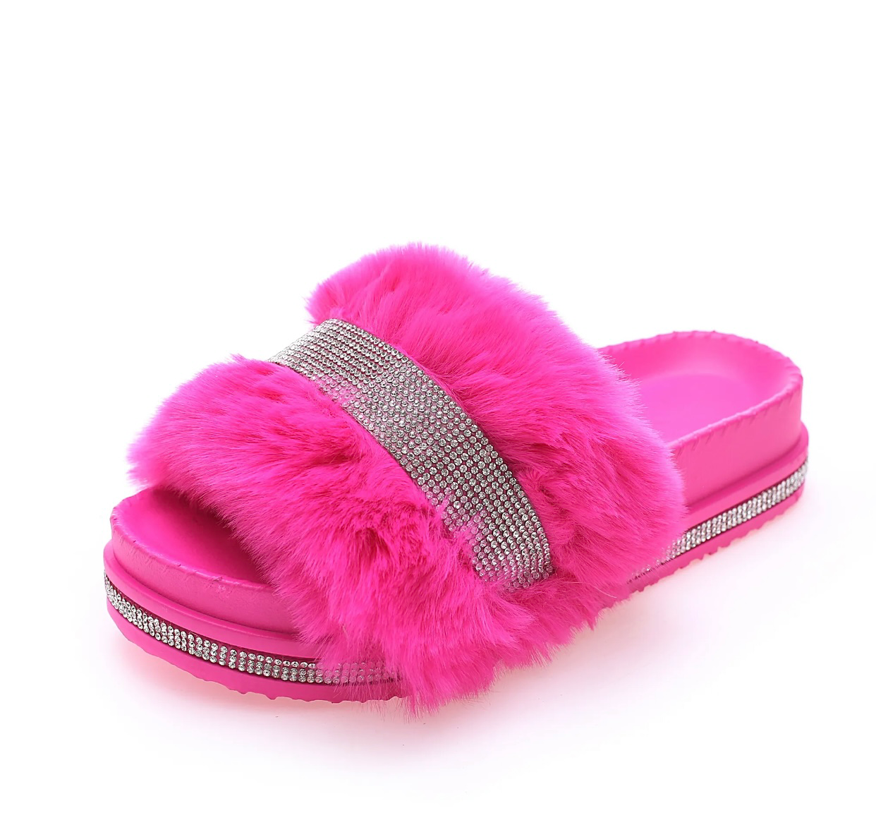 Faux Fur Crystal Wedges Plush Fur Slippers Open Toe Slip On