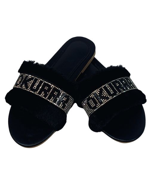 Faux Fur Crystal Slides Okurr Slides Rhinestone Slippers Open Toe Slip Ons