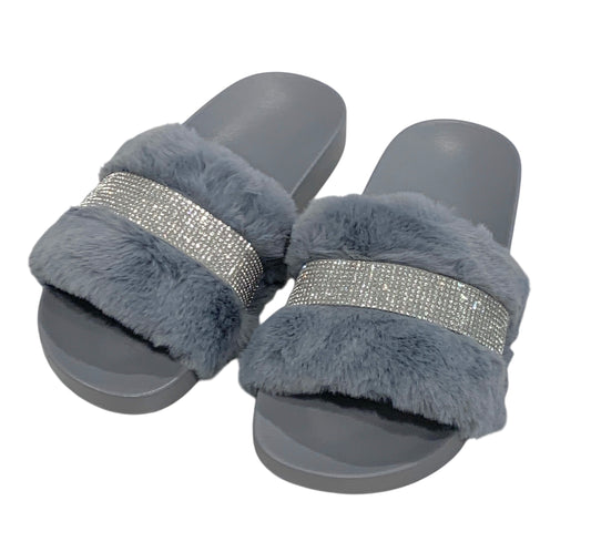 Gray Faux Fur Rhinestone Slides - Comfy Crystal Slip-On Slippers