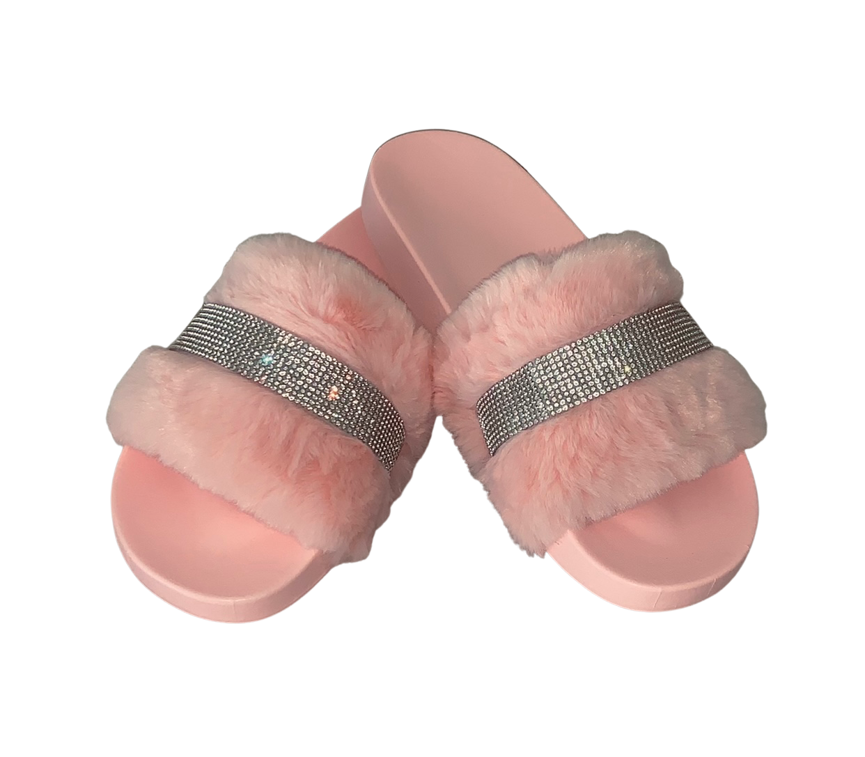 Plush Faux Fur Crystal Slides Rhinestone Slippers Open Toe Slip Ons