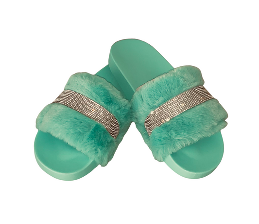 Plush Faux Fur Crystal Slides Rhinestone Slippers Open Toe Slip Ons