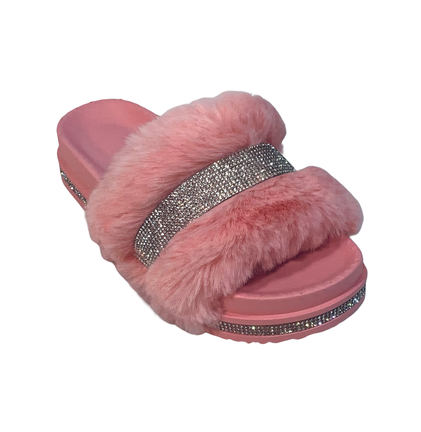 Faux Fur Crystal Wedges Plush Fur Slippers Open Toe Slip On